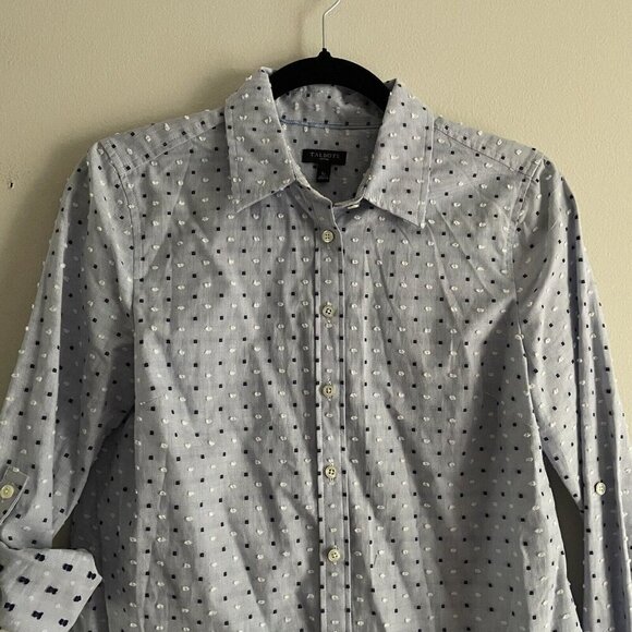 Talbots Women Petite S Blue/White Polka/Swiss Dot Long Sleeve Button Blouse - Picture 6 of 10